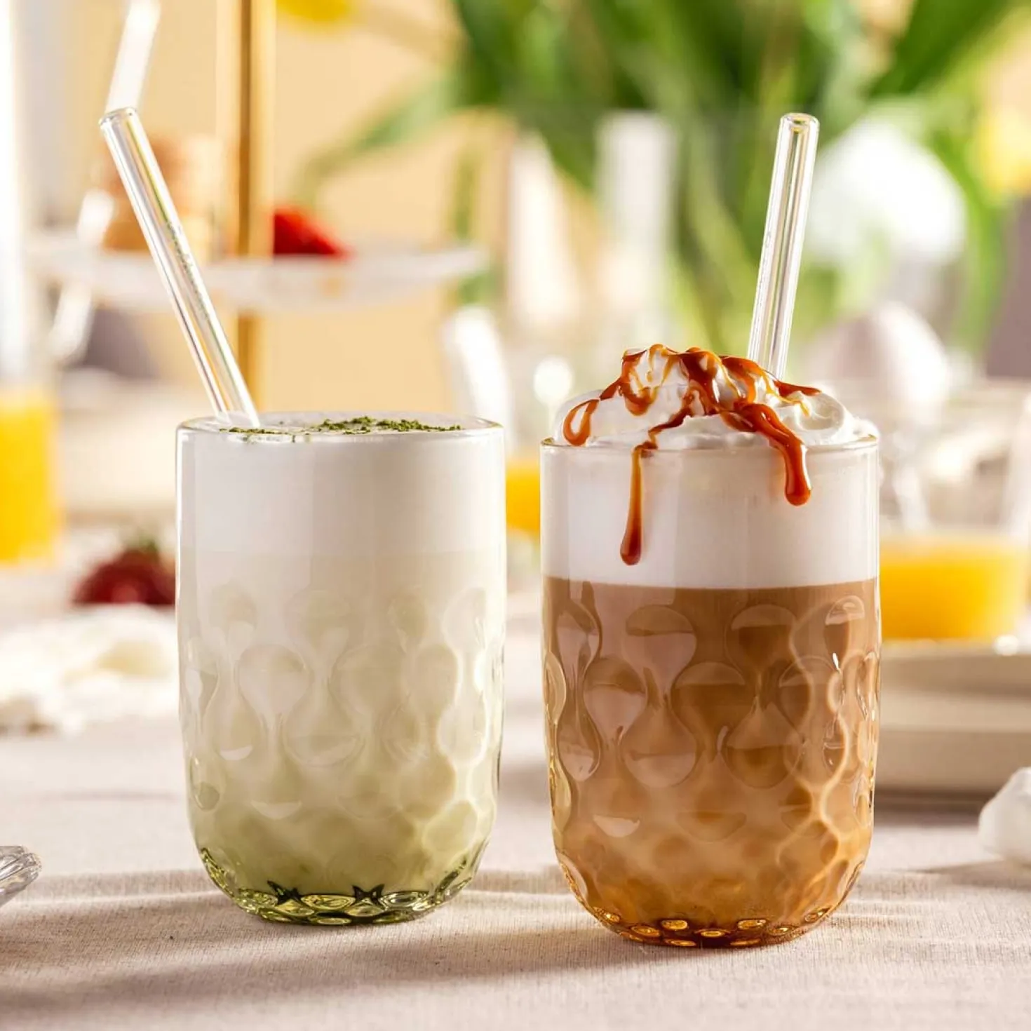 Matcha Latte Gläser GOCCE mit Glastrinkhalm 4-teilig