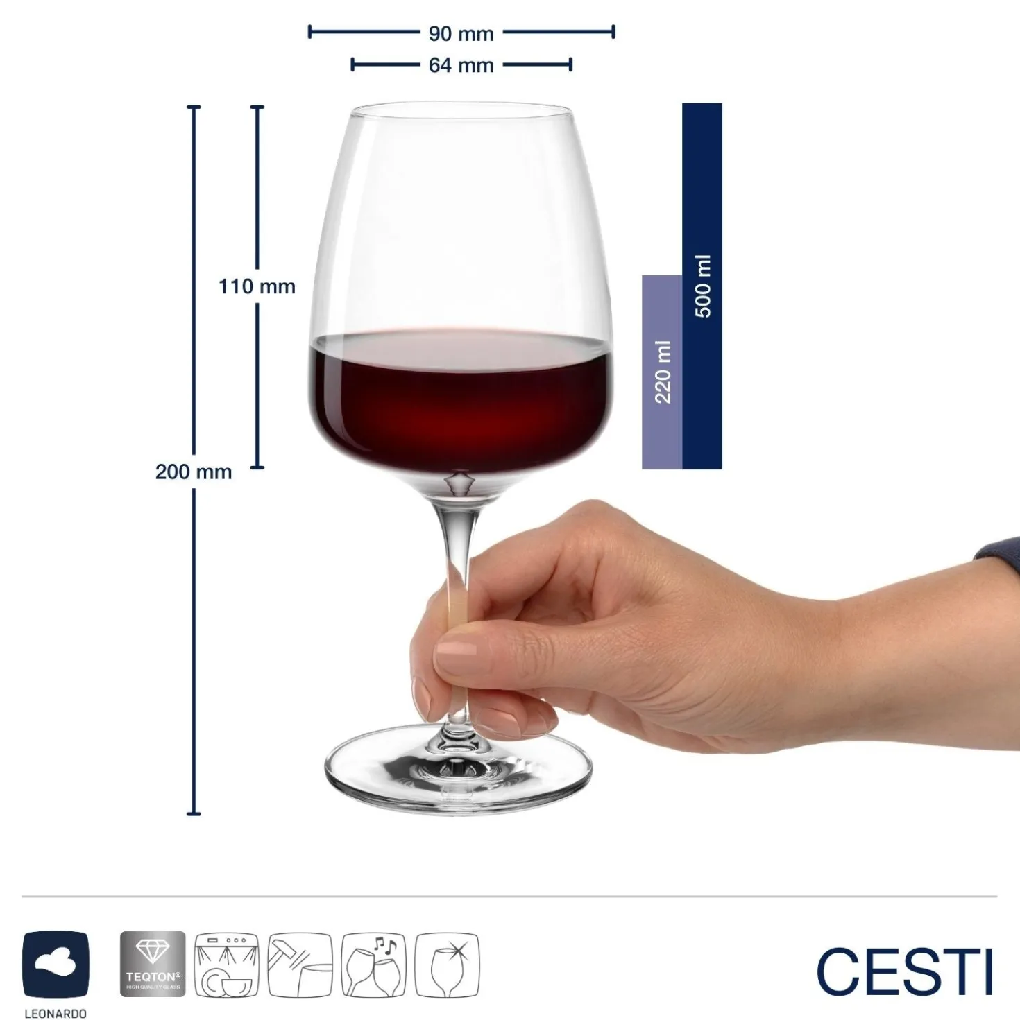 Rotweinglas CESTI 500 ml 6er-Set + Poliertuch